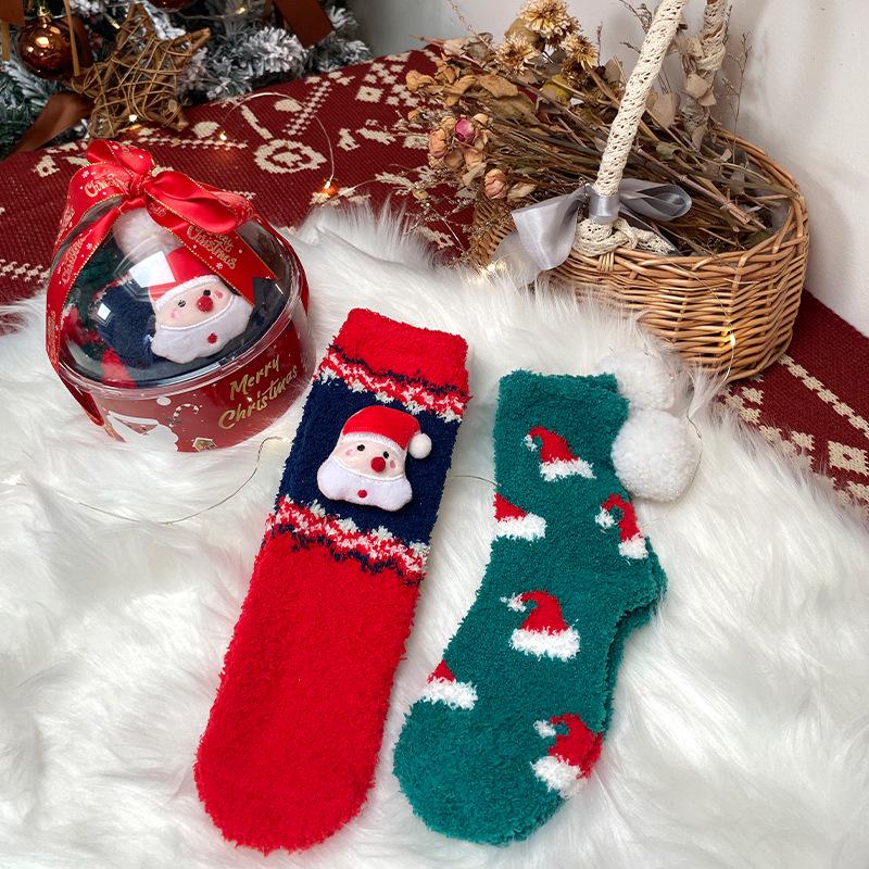 

Женские рождественские носки из кораллового флиса – Полупрозрачные, в коробке, с плюшем, очень толстые, набор из двух пар для зимы/вечера One Size