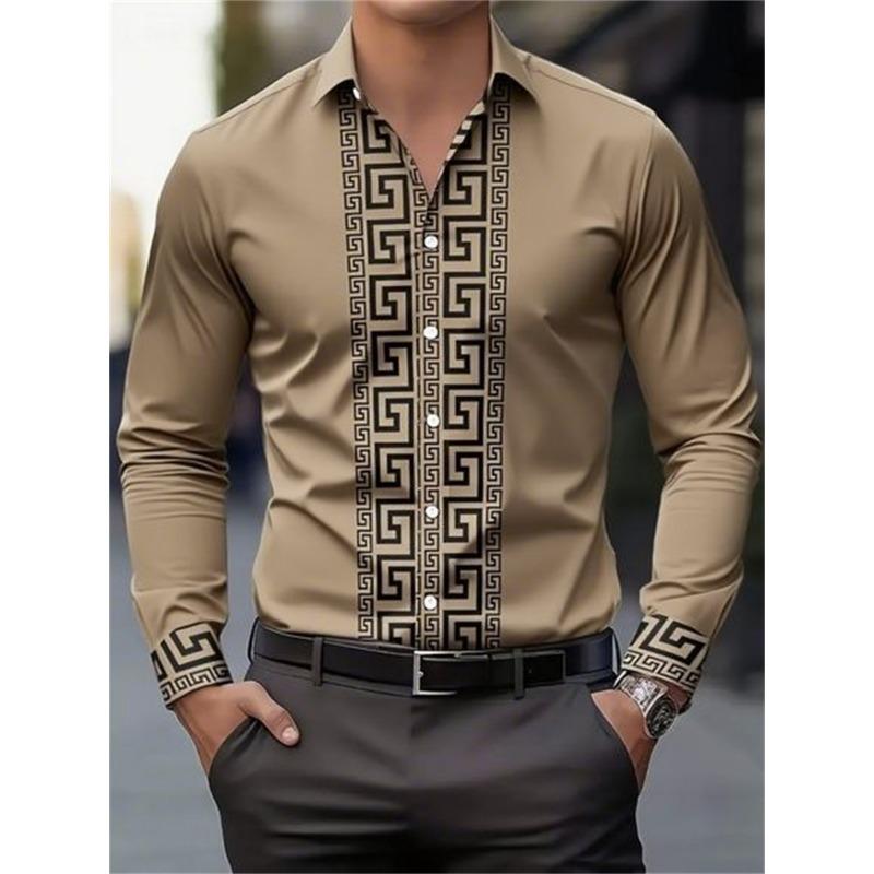 Men's Long-sleeved Shirt with Pattern Design, Fashionable Lapel Button-down Top, Versatile, Casual and Comfortable Men's Top
