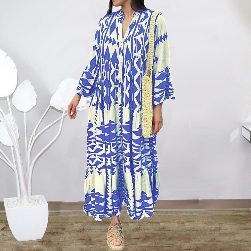 2026 Cross-border Plus Size European & American Women's Bohemian Print Pullover Dress for Autumn