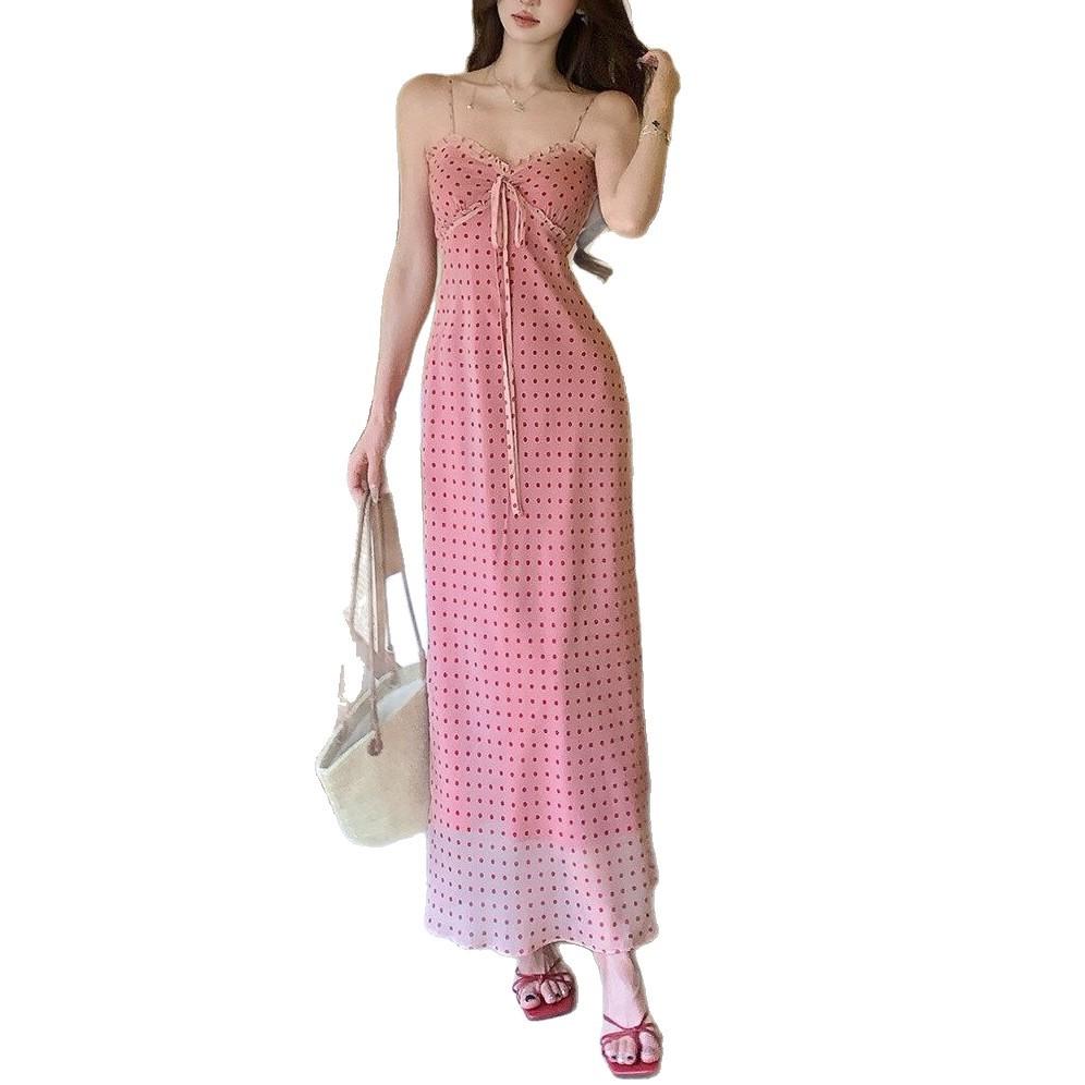 French Polka Dot Backless Spaghetti Strap Dress for Women, Summer Waist-cinching Figure-hugging Skirt, Pure Vacation Style Long Skirt