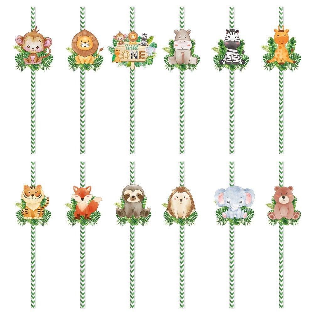Theme Animal Forest Lion Zebra Fox Pattern Party Decoration Straws Paper
