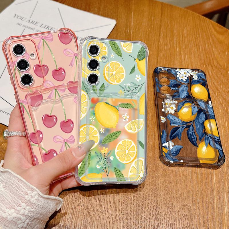 Cherry Lemon Patterned Clear Phone Case For Samsung Galaxy A57 A37 A17 A56 A16 A55 A36 A26 A15 A54 A14 A53 Card Bag Wallet Cover