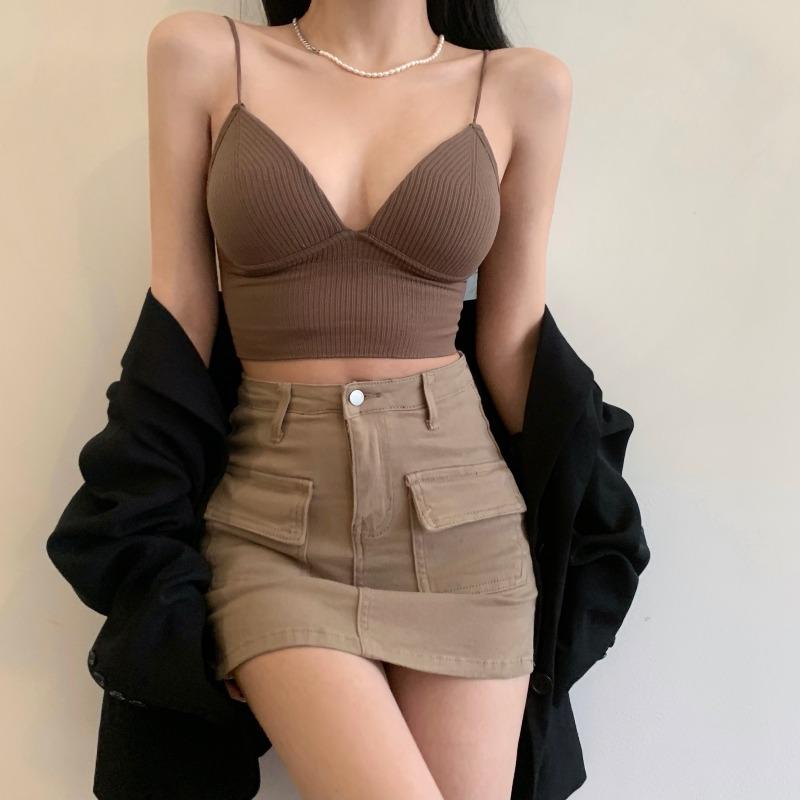 Women Crop Top Sexy Solid Color Sleeveless Straps Tank Tops Ribbed Slim Camis Basic Underwear Lingerie Padded Bra Tops LM