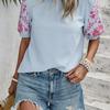 Women's Embroidered Blouse Short Sleeve Crew Neck Floral Sleeve Casual Summer Top