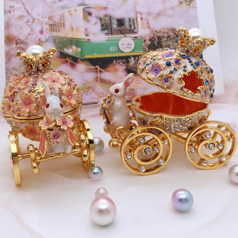 European Style Jewelry Storage Box,Pumpkin Cart White Rabbit Holder Alloy Inlaid Gem Ring Storage Jar Dresser Earrings Organizer
