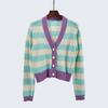 Spring and Autumn V Neck Short Color Stitching Bubble Long Sleeve Single-Breasted Cardigan Outwear Knitting Sweaters Women's Clothing