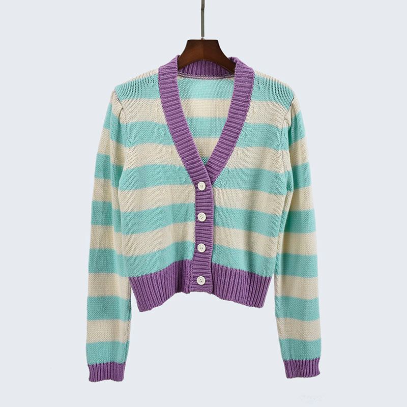 Spring and Autumn V Neck Short Color Stitching Bubble Long Sleeve Single-Breasted Cardigan Outwear Knitting Sweaters Women's Clothing