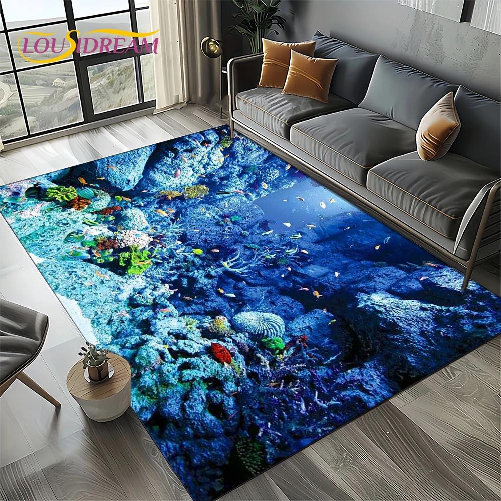 Underwater World 3D Illusion Seabed Cartoon Shark Dolphin Carpet Rug for Living Room Bedroom Home Sofa Decoration,Floor Mat Kid