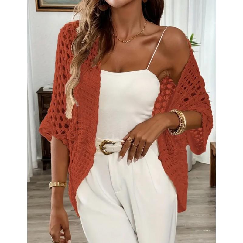 2026 Womens Knit Beach Cover Up Hollow Out Sexy Resort Half Sleeve Sweater