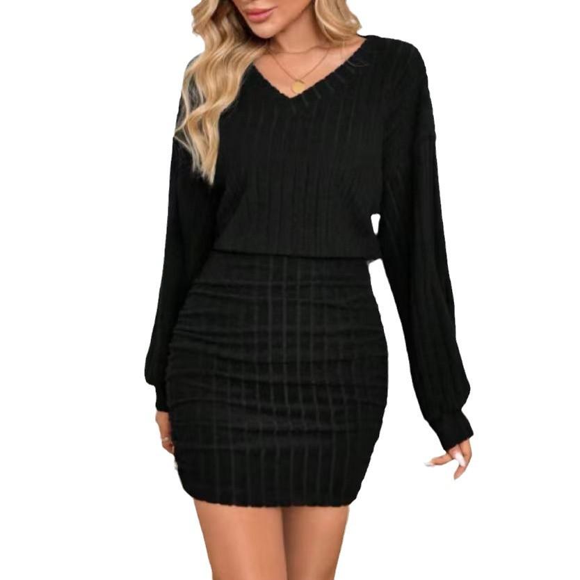 Women's Knit Long Sleeve Pleated Pit Stripe Wrap Hip Sexy Dresses
