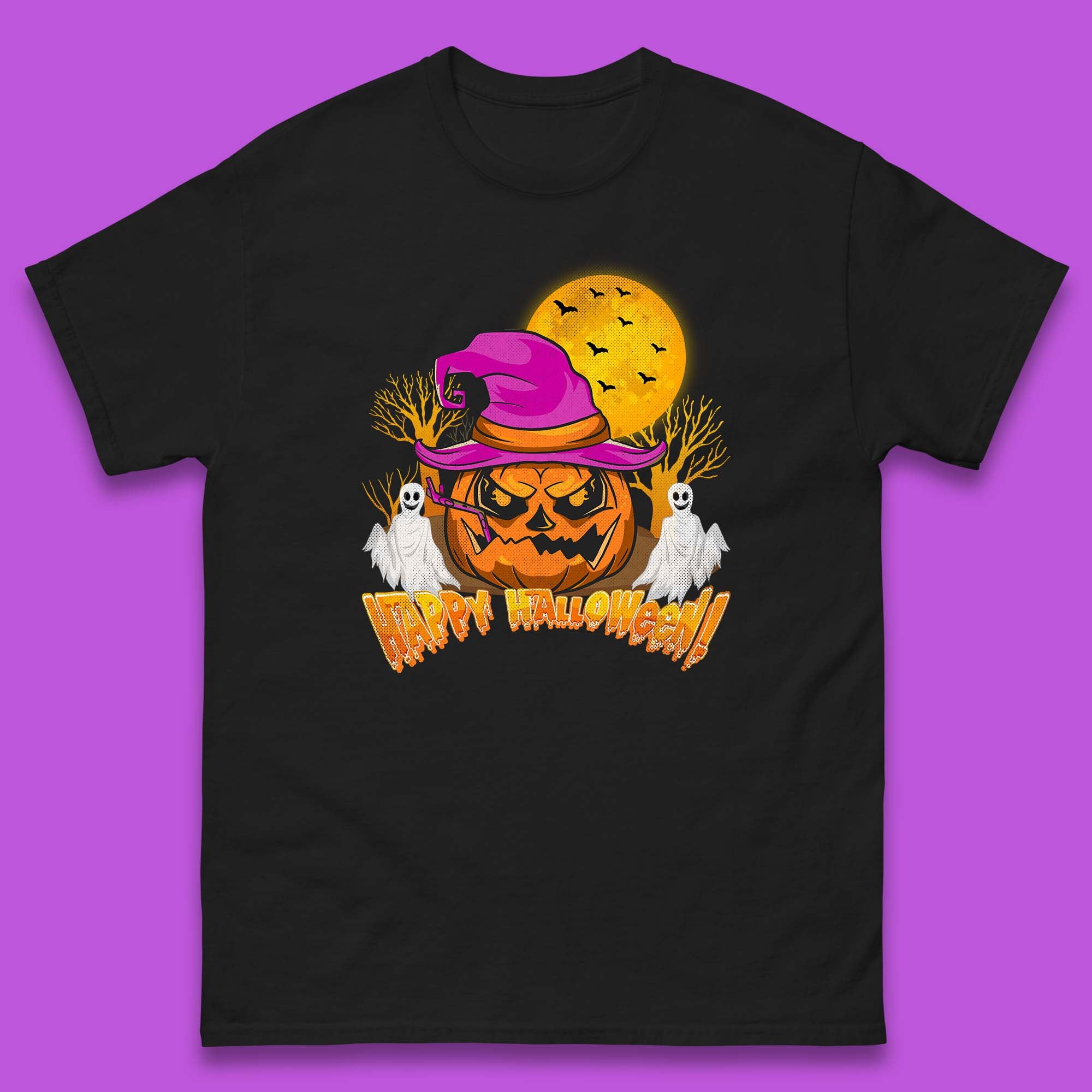 

Happy Halloween Pumpkin Witch Hat Jack-o -lantern With Full Moon Flying Bats Horror Scary Boo Ghost Mens Tee Top L