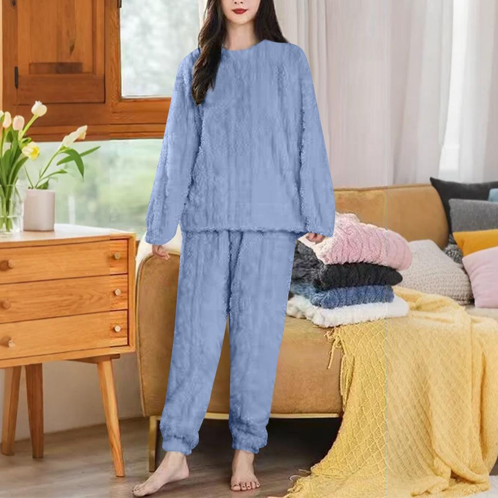 Set Pigiama da Donna con Fodera in Pile e Ispessito, Girocollo, Pantaloni Lunghi