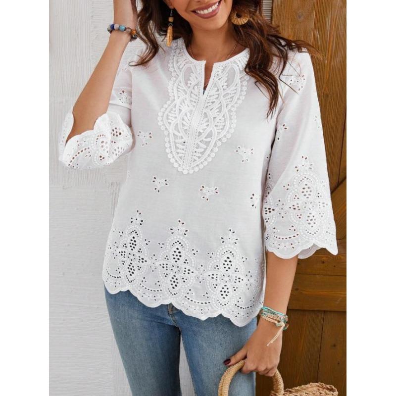 QICED Women's Fashion Casual Solid Color Print Long Sleeve V Neck Blouses & Shirts