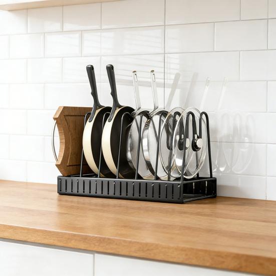 Szintes Állítható Serpenyőrendszerező Edénytároló Állvány Edény- és Serpenyőtartó Lábasállvány Konyhai Pultra és Szekrénybe