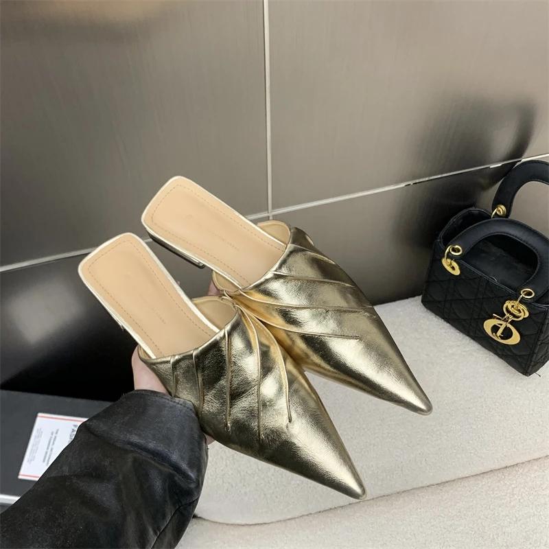 

Распродажа модной женской обуви 2024 года, новые женские туфли с открытой пяткой, осенние туфли с острым носком, однотонные, повседневные, на плоской подошве, удобные, офисные женские туфли 39 золотой