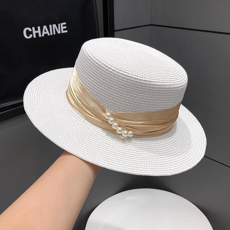 Pearl Top Hat Children Summer Beach Flat Top Straw Hat Seaside Sunshade Sunscreen Hat UV Protection Sun Hat