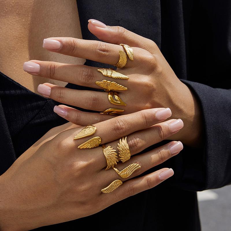Minimalist 18K Gold Color Plated Angel Wings Open Rings Trendy Waterproof Stainless Steel Jewelry
