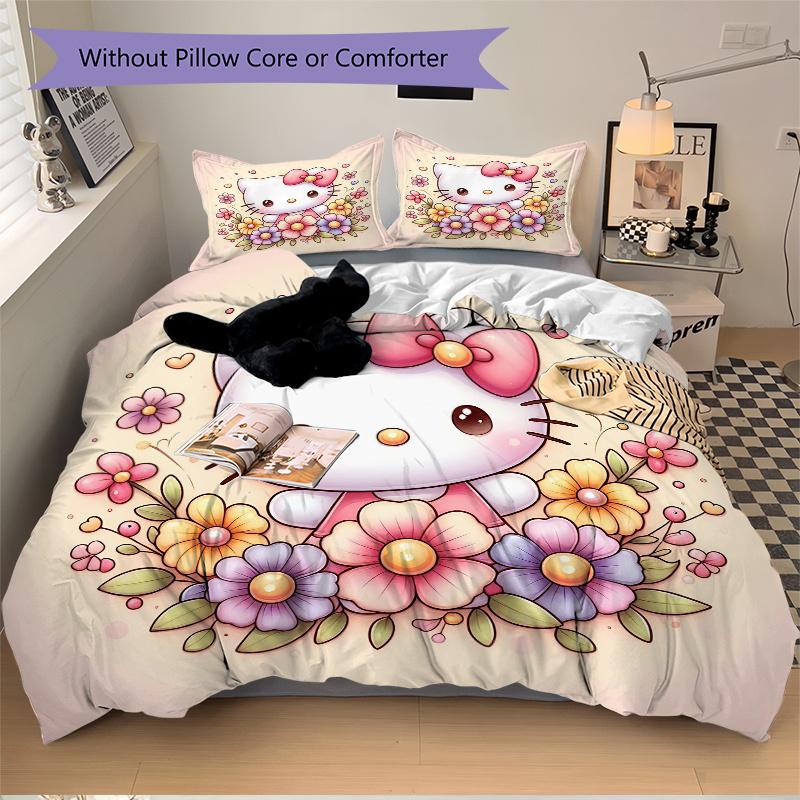 3pcs Cartoon Kitty In a Garden of Flowers Printed Quilt Set - Soft and Comfortable Quilt Cover for Bedroom, Guest Room H039