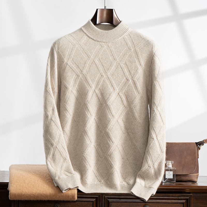 Men's Cashmere Jacquard Pullover Sweater - Half High Neck, Thick, Loose Fit, Long Sleeve, Business Casual