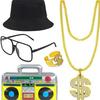Jaren '70 Disco Feest Kostuum Accessoires: Dollar Brillen, Ring, Ketting, Decennium Props.