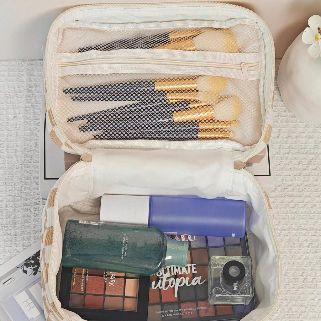 Simple Premium Makeup Bag In Checkered Pattern, Multifunctional Makeup Storage Bag Tote Bathroom Shower Purse Bag Portable Makeup Brush Clutch Bag