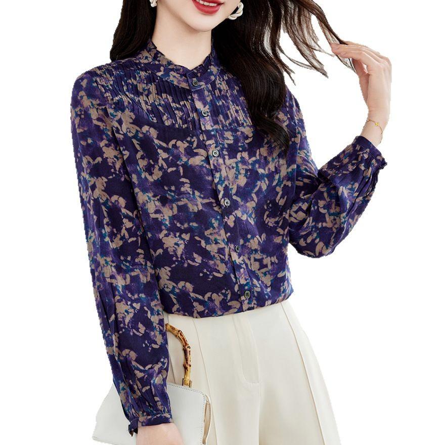 Fashion Printed Double Crepe Silk Shirt Women's Long Sleeve Lace Collar Shirt Spring New Age Reducing Mulberry Silk Top