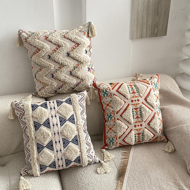 Bohemian Tufted Linen Pillow Case Ethnic Print Decorative Cushion Cover for Sofa Bedroom and Home Styling