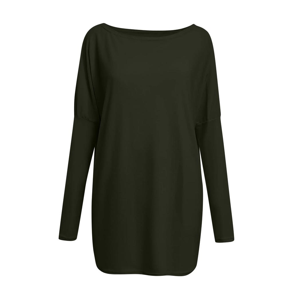 Women's Casual Fashion Color Long Sleeve O-Neck Pullover Medium Length Top