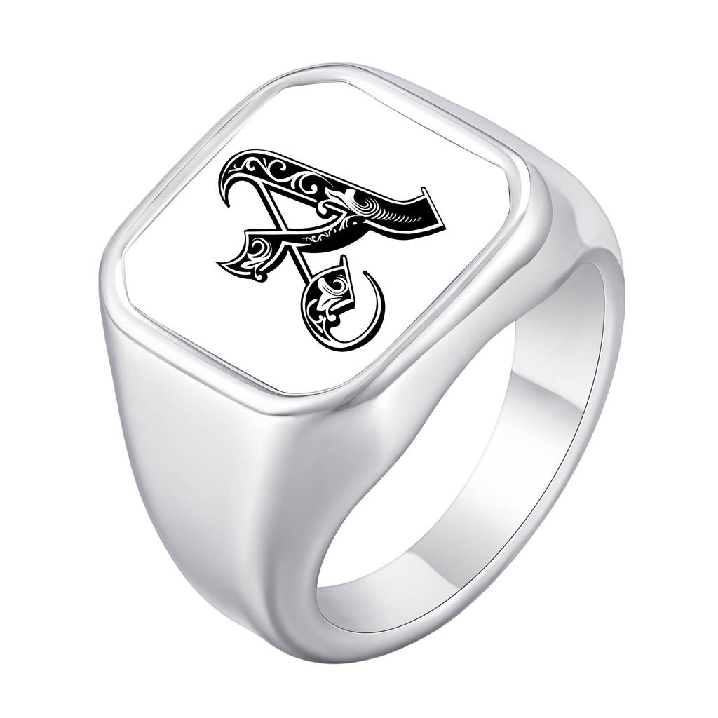 Engrave Custom A-Z Initial Picture Rings for Men, Stainless Steel Male Signet Ring, High Polished Finger Jewelry Gift Father Day