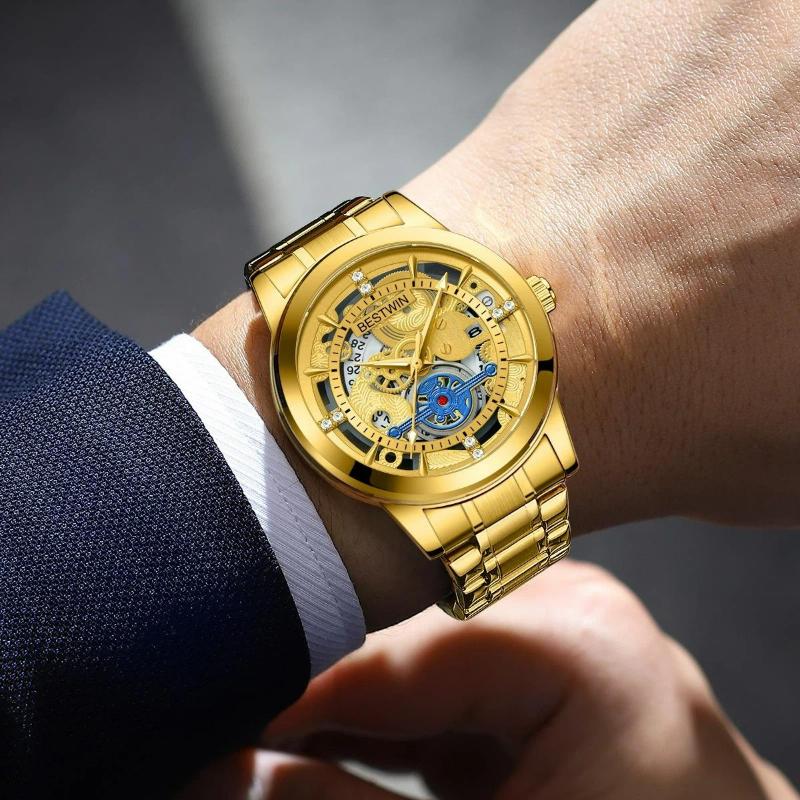 Men's Watches Original Quartz Watches For Men Skeleton Dial Waterproof Luminous Date Watches Luxury Men Stainless Steel Wristwatch