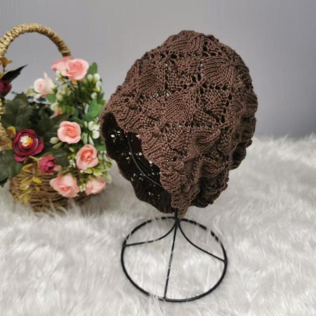 Women's Fashion Hollow Spring and Summer Hat Breathable Lace Thin Headscarf Knitted Slouchy Head Hat Hair Covering Hat