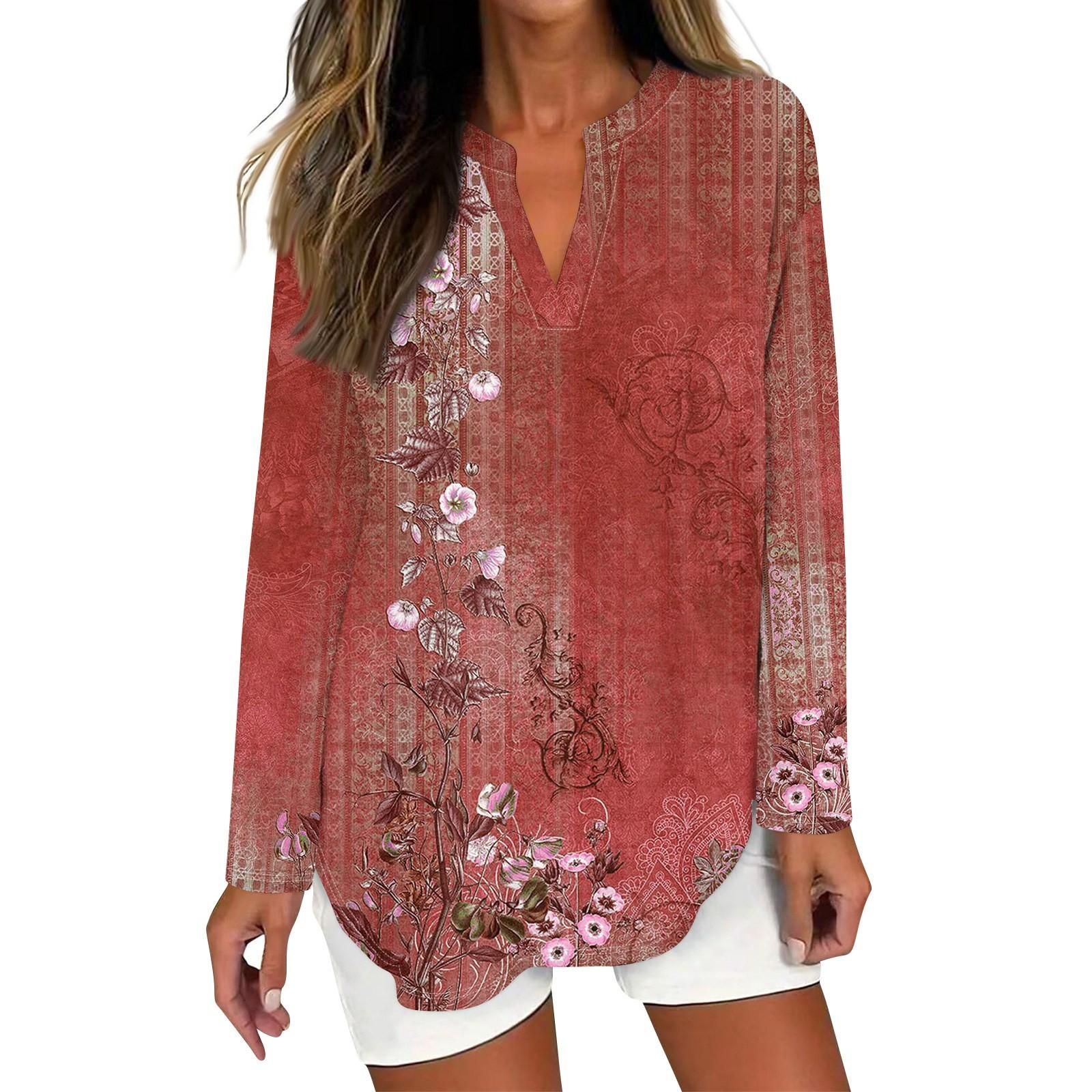 

Женская футболка с принтом, длинный рукав, повседневная, выходного дня, модная, базовая, с V-образным вырезом, изогнутым подолом, стандартный топ XXXL красный