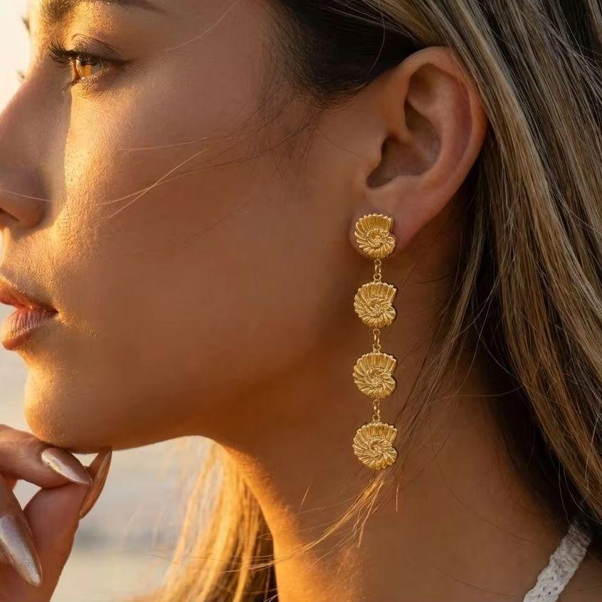 Ocean Style Gold Color Conch Drop Earrings for Women Classic Geometry Long Hanging Earrings Holiday Beach Summer Jewelry