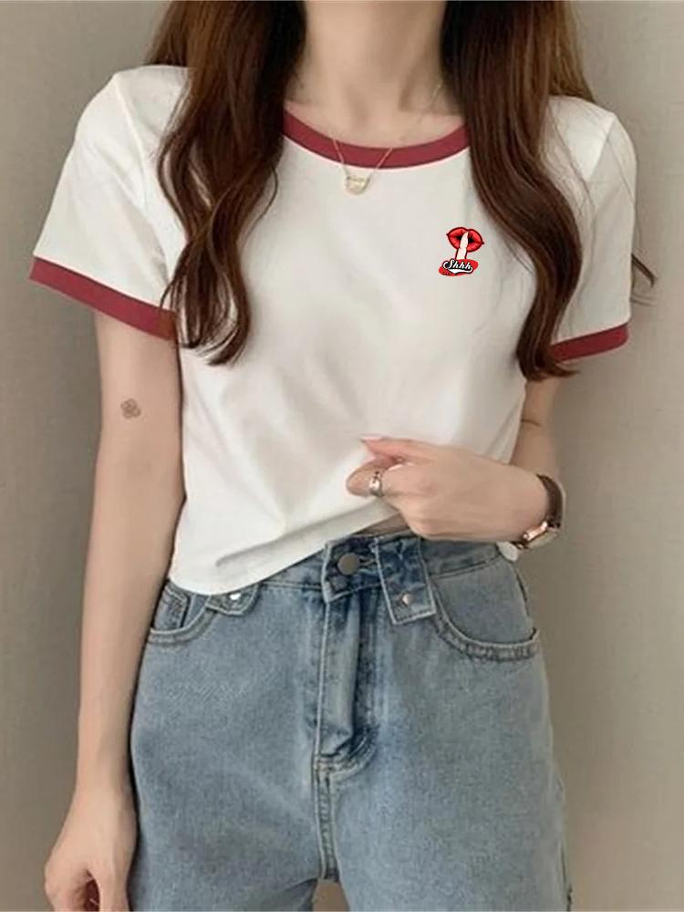 Women's Fashionable Slimming Cropped T-Shirt Short Sleeves Color Blocking Round Neck Summer New Style Smooths Your Silhouette