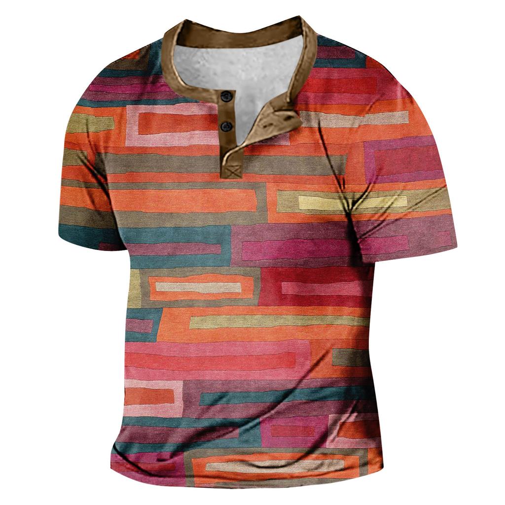 Men'S Printed T-Shirt Outdoor Retro Button Loose Short Sleeve Top