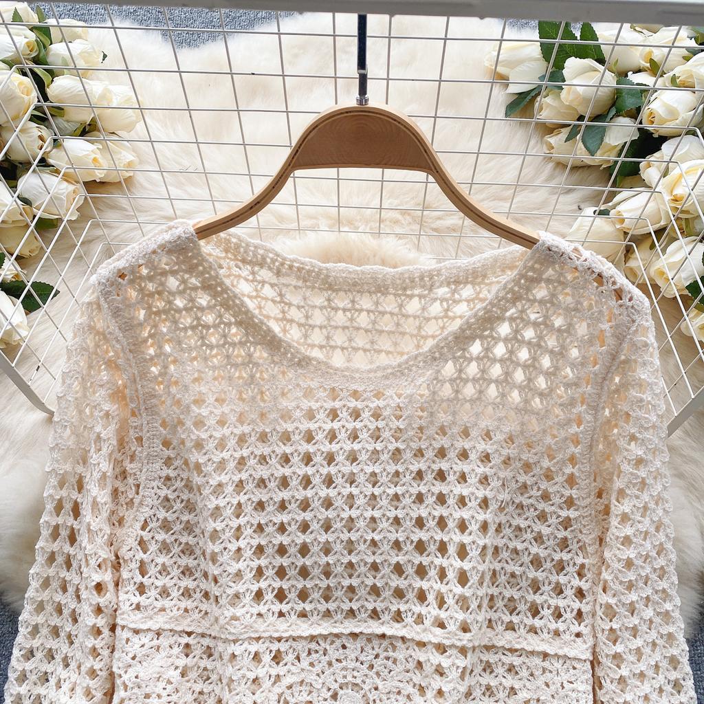 Summer Elegant Hollow Out Holiday Blouse Women O Neck Long SLeeves Embroidery Shirt Floral Solid Plaid Sheer Sexy Tops Beach Party