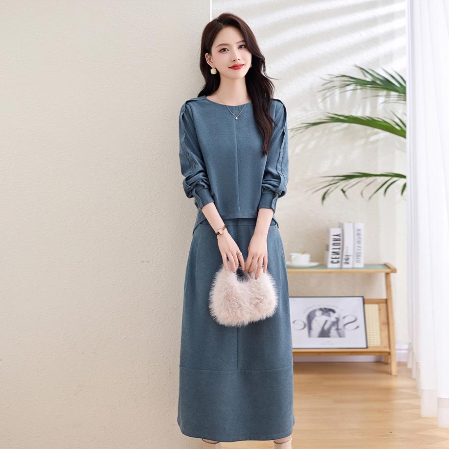 

Женское платье-двойка, весенне-осенний новый свободный костюм, скрывающий живот и стройнящий, благородный, омолаживающий, юбка XXXL синий