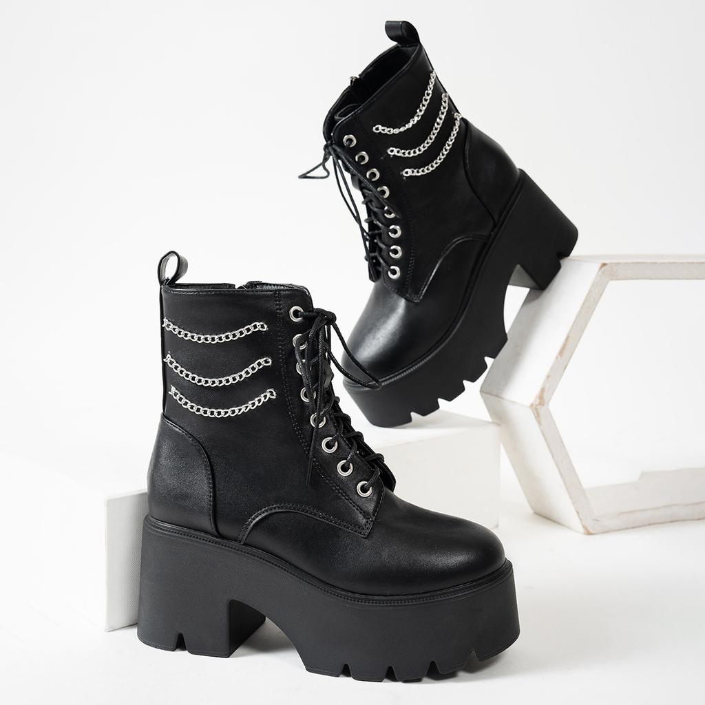 New autumn and winter platform high heel large size punk style chain low boots women's boots