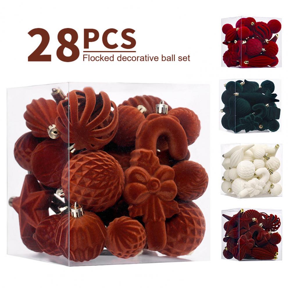28 Pcs Velvet Christmas Tree Ornaments Set Flocked Balls Star Xmas Tree Hanging Decoration for Holiday Party Decor