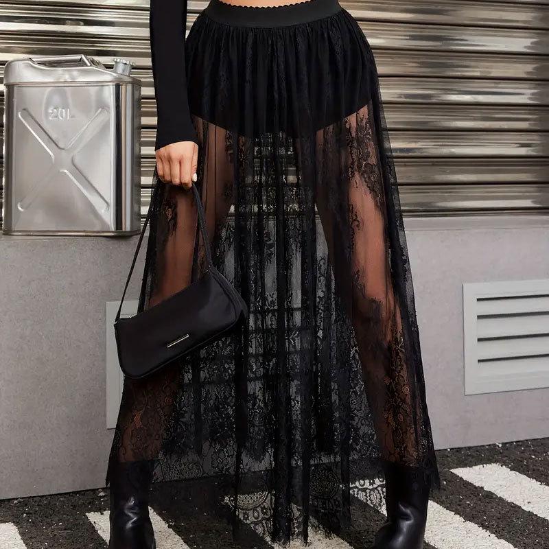 European & American Fashion Crochet Lace See-through Midi Skirt - Sexy, A-line, Spring/Summer, Micro-elastic.