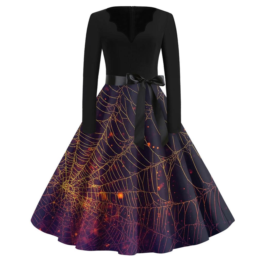 Dámské módní šaty s V-výstřihem, ležérního střihu, slim fit, s halloweenským potiskem, s dlouhým rukávem