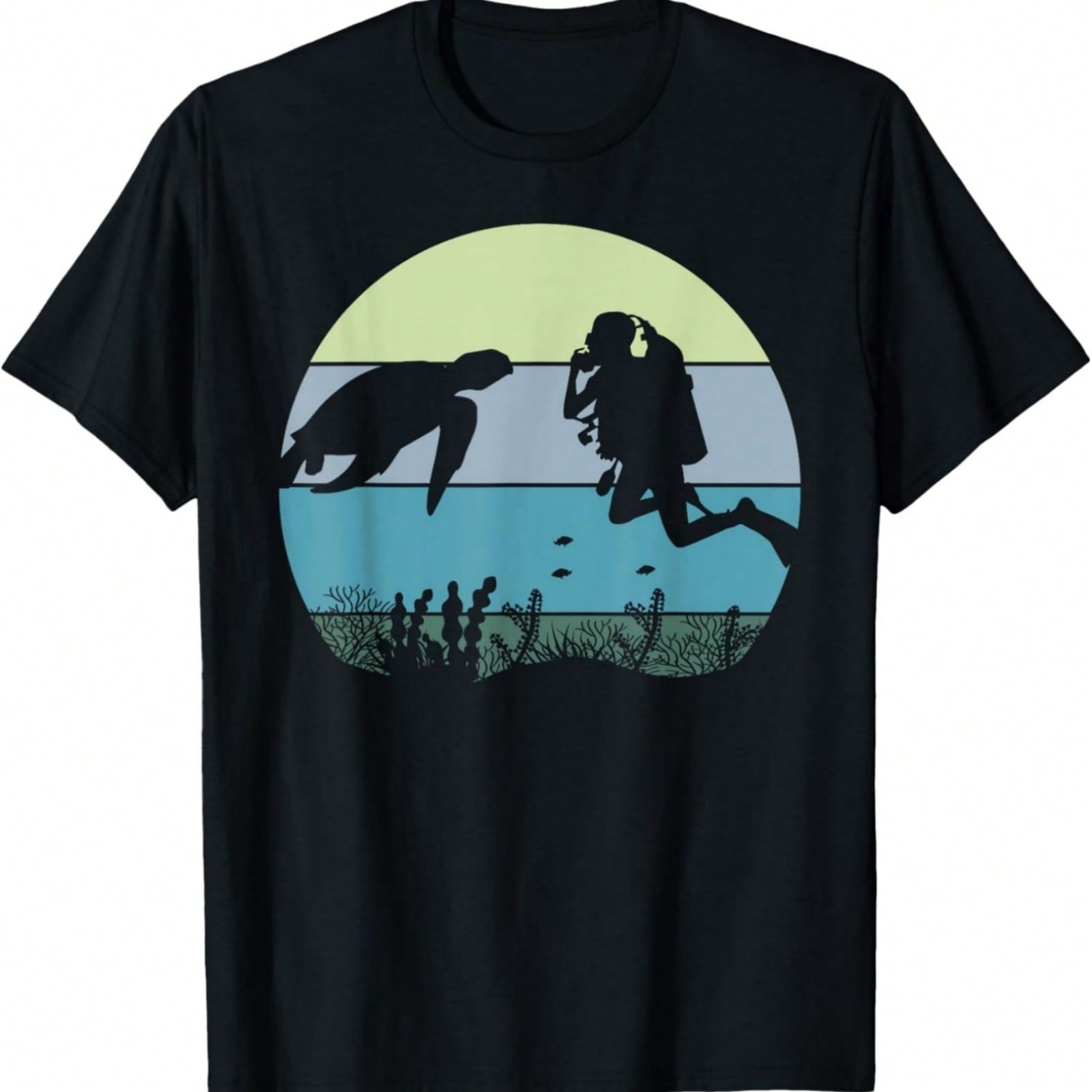 Diver Diving And Sea Turtle In The Blue Pacific Ocean T-Shirt S