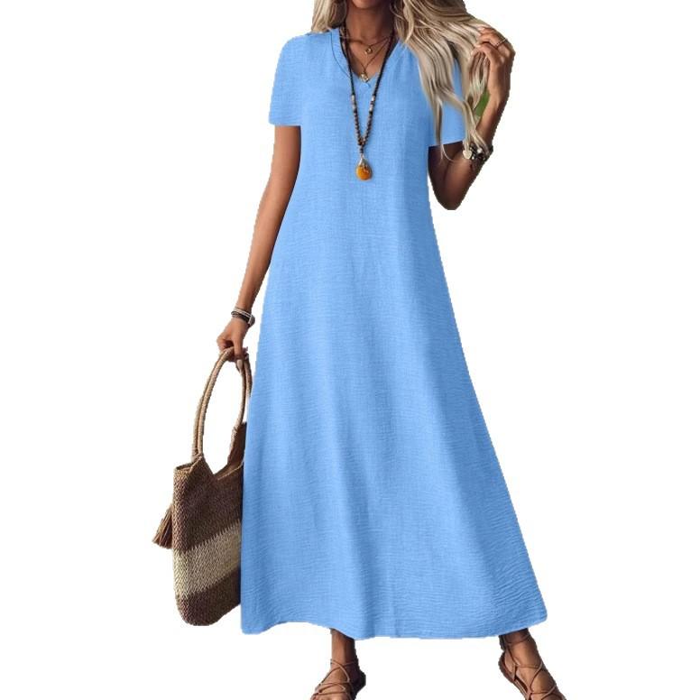 Abito Maxi da Donna con Scollo a V e Maniche Corte alla Caviglia in 12 Colori, Vestibilità Casual Ampia con Borsa a Tracolla