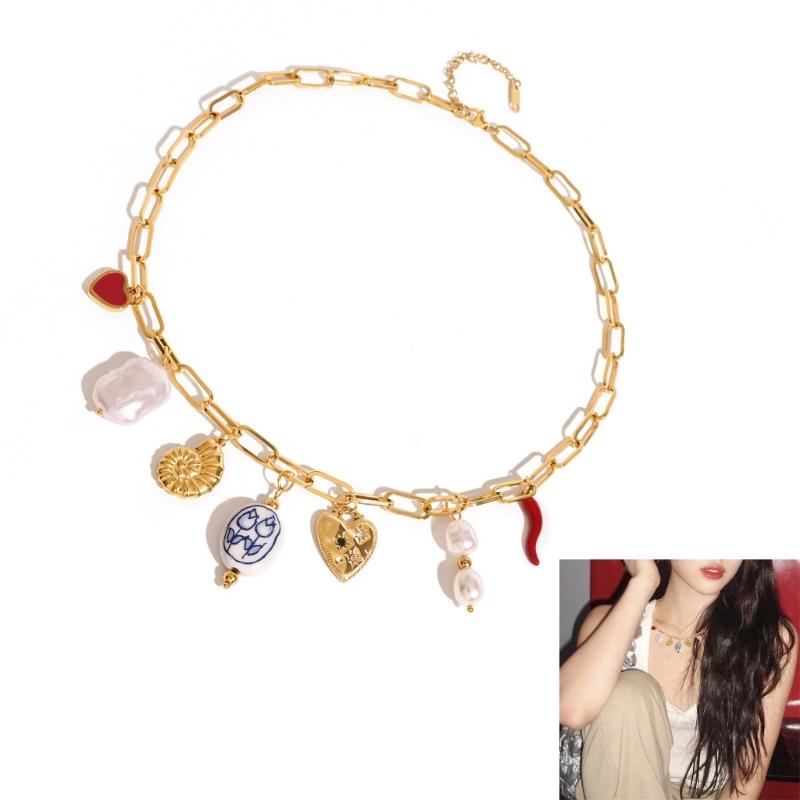 Fashionable Pearls Heart Conch Pendant Necklace Craft Sturdy Stainless Steel Materials Accessory for Everyday Wear