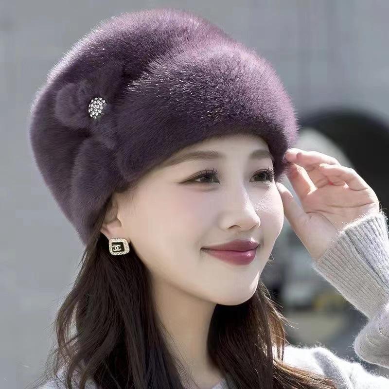 Women's Winter Fashion Imitation Mink Fur Hat with Leather for Middle-Aged and Elderly