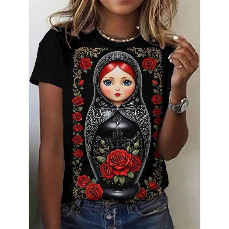 Summer Fashion Russian Girl T-Shirts Floral 3D Print Women Round Neck Short Sleeve T Shirt Tees Harajuku Y2K Top Female Clothing