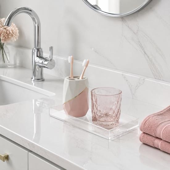 Clear Acrylic Toiletry Holder Decorative Tray, Modern Rectangular Vanity Space Small Tray for Toothbrush Saving Jewelry And Perfume Organizer Bathroom