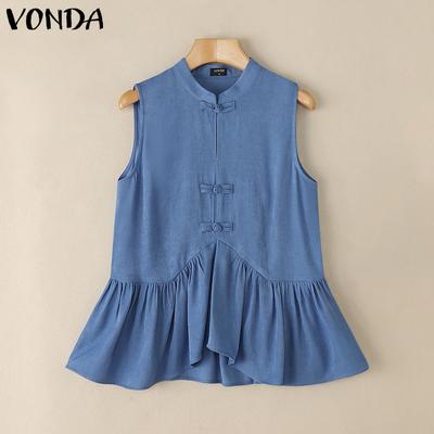 Women Summer Sleeveless Vintage Buttons Up Irregular Casual Ruffled Tank Tops