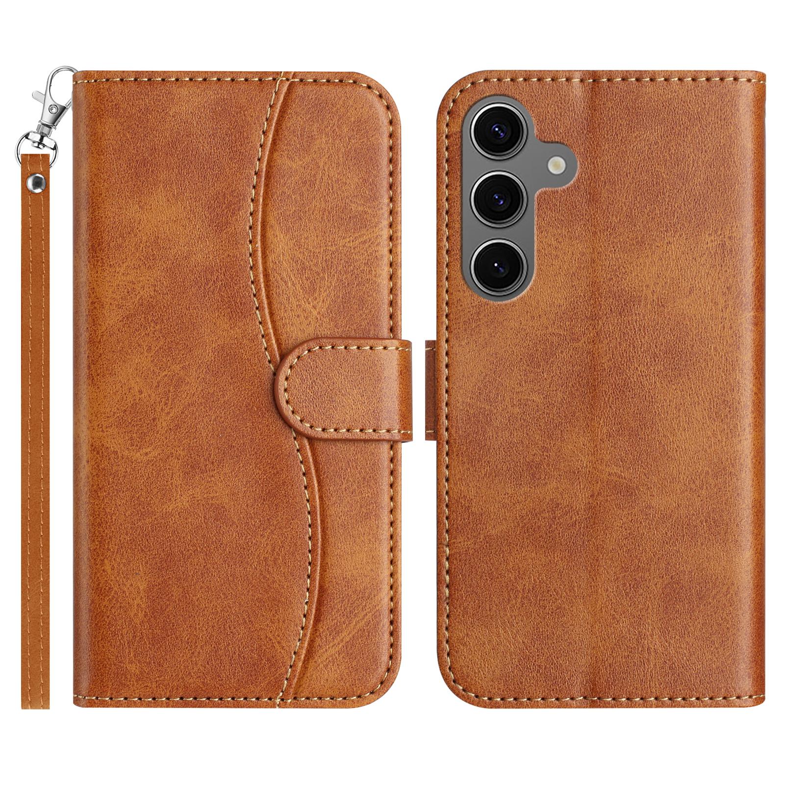 

For Samsung Galaxy S24 FE Stand Case with Strap PU Leather Wallet Phone Cover S Shape Stitching Design Brown