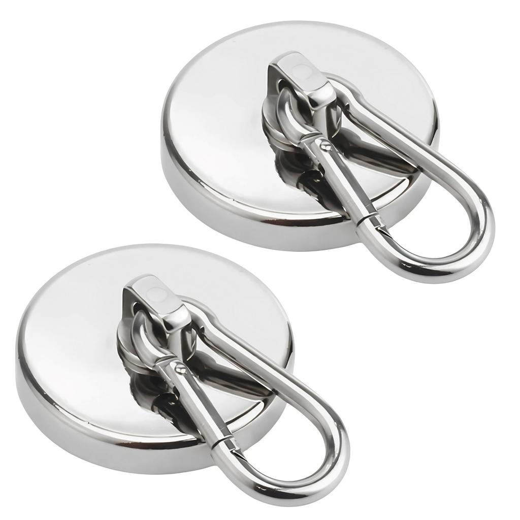 East Leaf Magnetic 68kg Weight Neodymium Stainless 42mm Diameter of Hooks, Strong, Capacity, Carabiner, 360° Rotation, Magnet, Steel, (Pack 2)